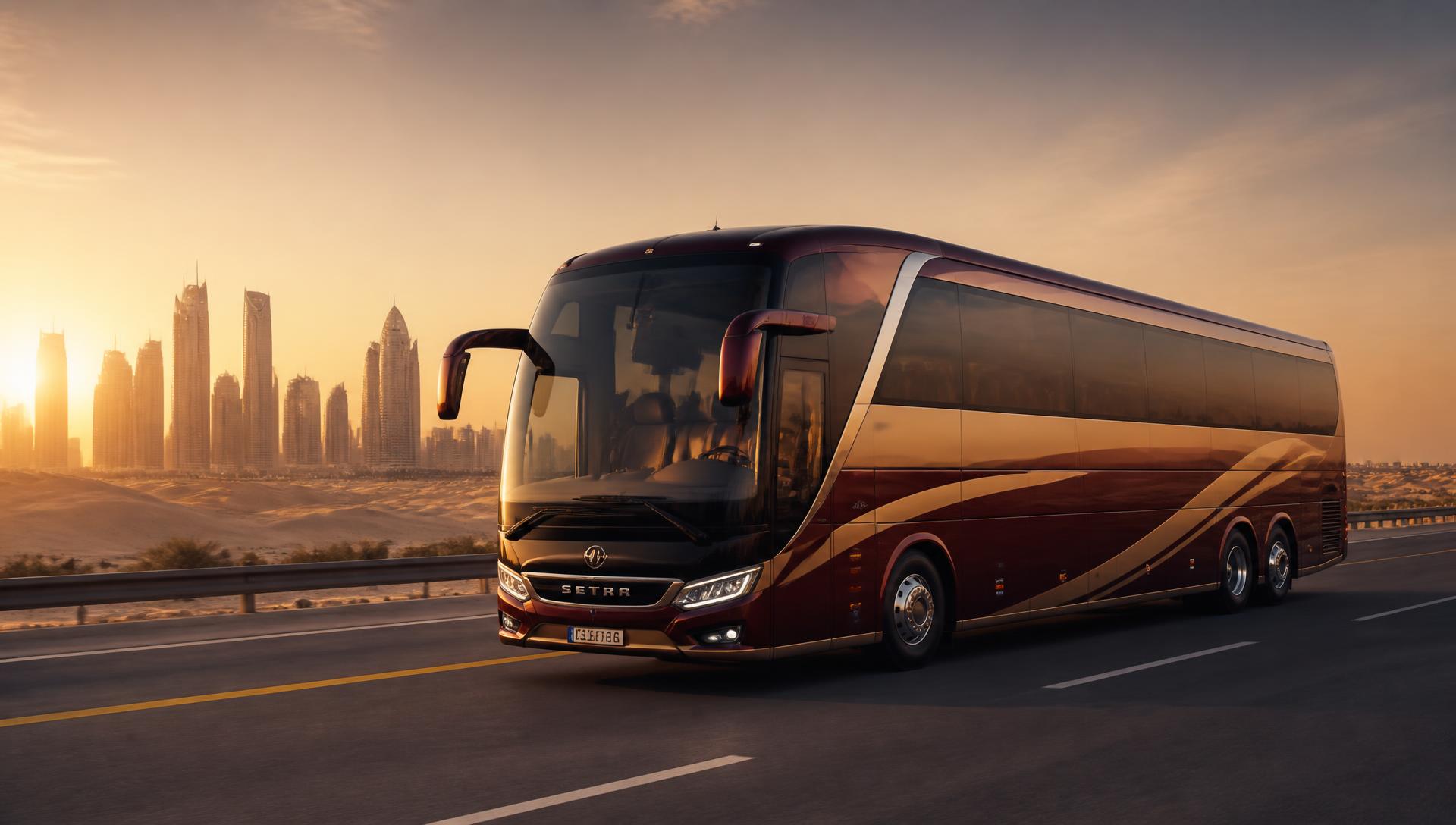Concept luxury coach on a desert highway near the Doha skyline at sunset